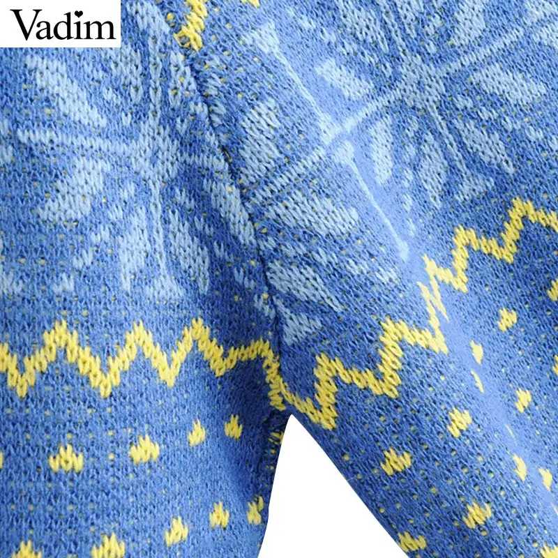 Vadim women chic geometric pattern knitted sweaters long sleeve o neck stretchy pullovers female casual sweet basic tops HA287 | Женская