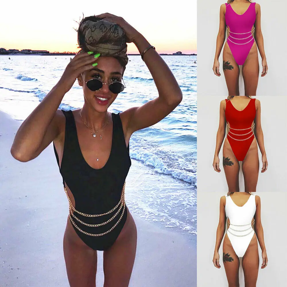 Сексуальный женский Одноцветный бандажный купальник бикини с цепочкой пуш ап