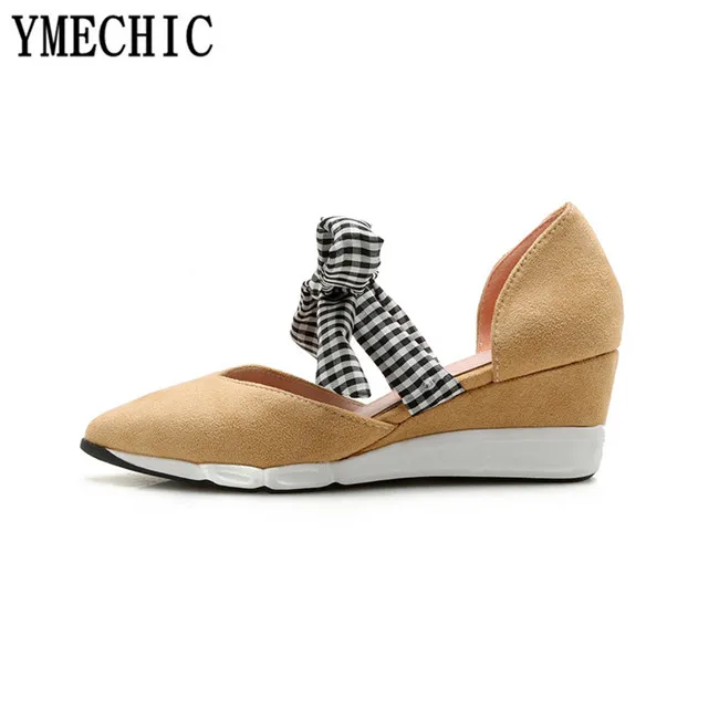 Женские вечерние туфли YMECHIC розовые лодочки в клетку на танкетке с бантом