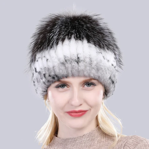 white and black 1 Новое поступление, зимняя женская вязаная шапка, настоящий мех кролика, хорошая эластичность, натуральный пушистый мех серебристой лисы, женские шапки из натурального меха - Цвет: white and black 1