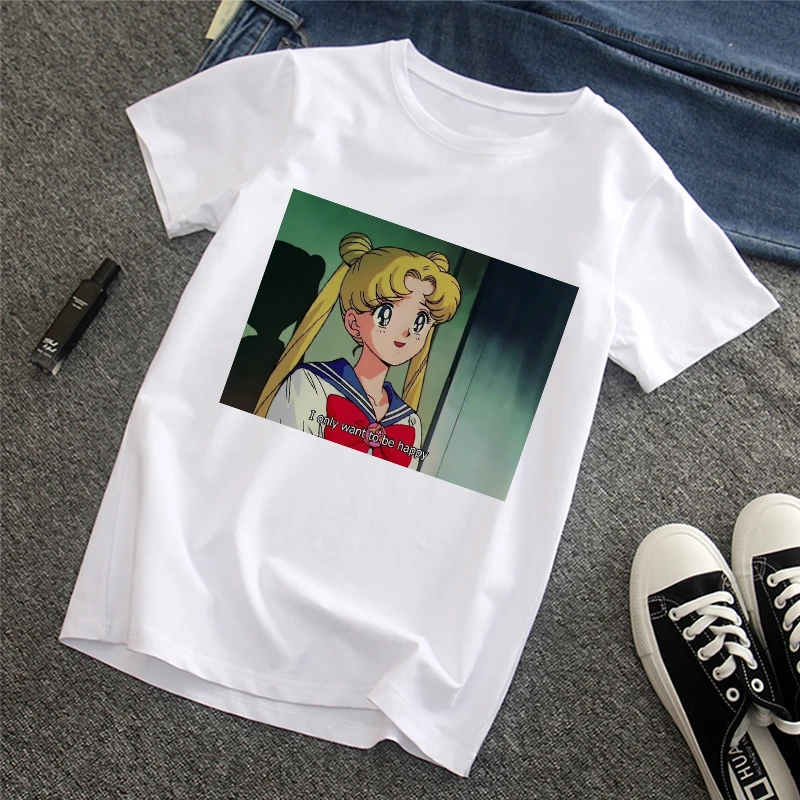 Забавный мультфильм Сейлор Мун лето новые буквы печати Harajuku мода ins короткий рукав женская футболка Топы - Цвет: 51
