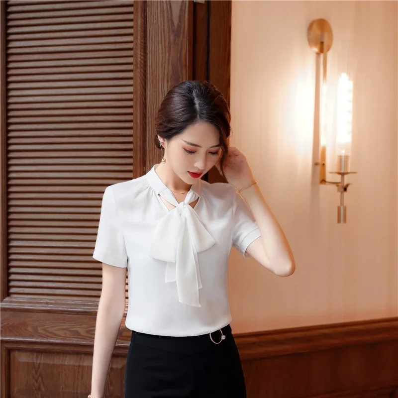 Блузка женская с коротким рукавом модная официальная рубашка черно зеленого