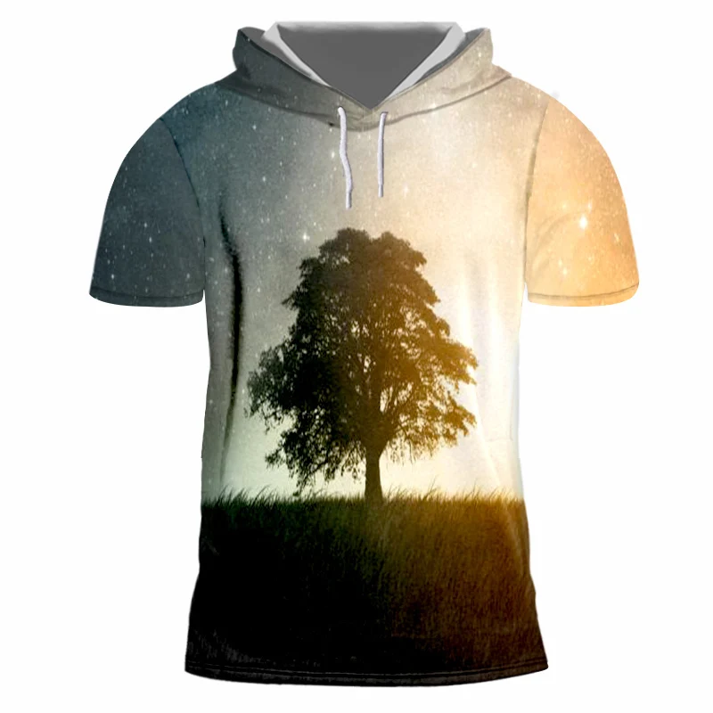Мужская/Женская футболка OGKB летняя с капюшоном и 3D-принтом в виде дерева коротким