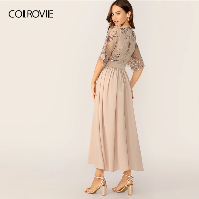 COLROVIE Apricot V Neck Contrast Sequin Mesh Sleeve Flare Party Long Dress Women Summer High Waist Office Ladies Dresses
