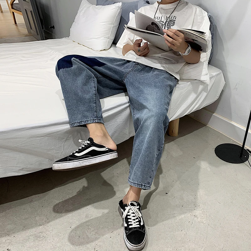 2019 Summer Men's Blue Color Casual Pants Leisure Baggy Homme Patch Wash Jeans Mens Classic Style Loose Trousers Plus Size M-2XL | Мужская