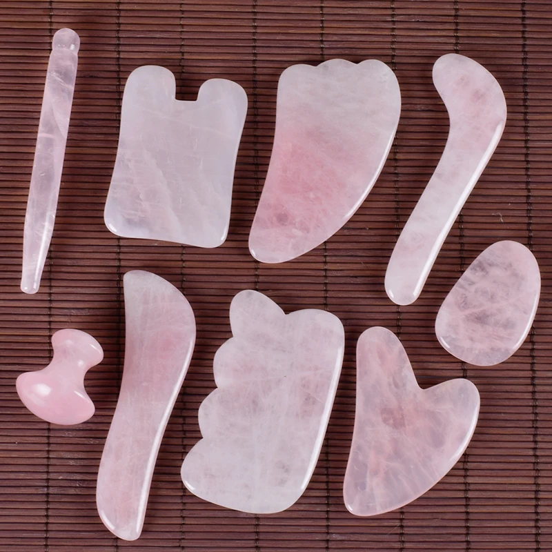 Ролик для лица Gua Sha инструмент массажный набор Китай традиционный натуральный розовый кварц спа иглоукалывание выскабливание тела лечебный камень макияж