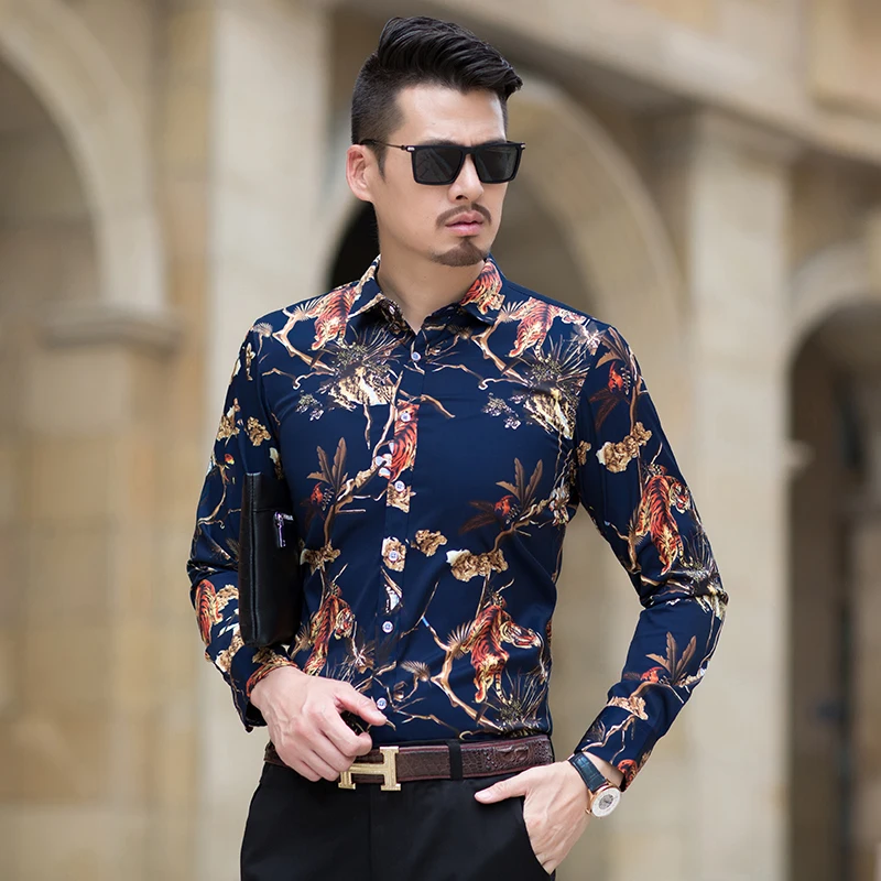 

7XL Plus Size Shirt 2019 New Fashion Tiger Designer Men Casual Shirts Excellent Quality Long Sleeve Male Clothing Navy-blue#7502