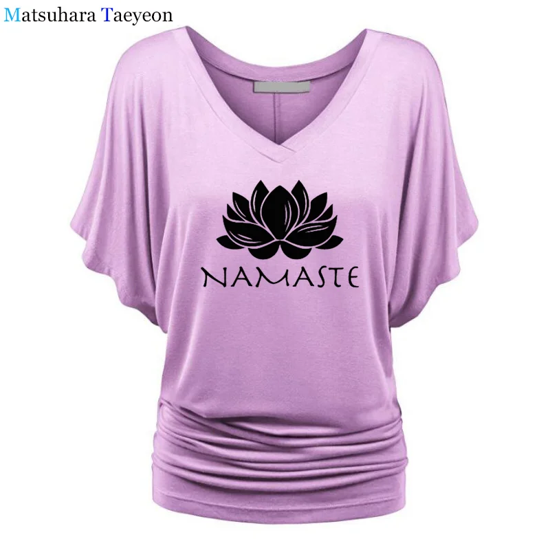 Модная женская одежда, футболка с принтом Namaste, женская футболка с рукавом «летучая мышь», женские топы, одежда, футболка, брендовая одежда для девочек - Цвет: 19