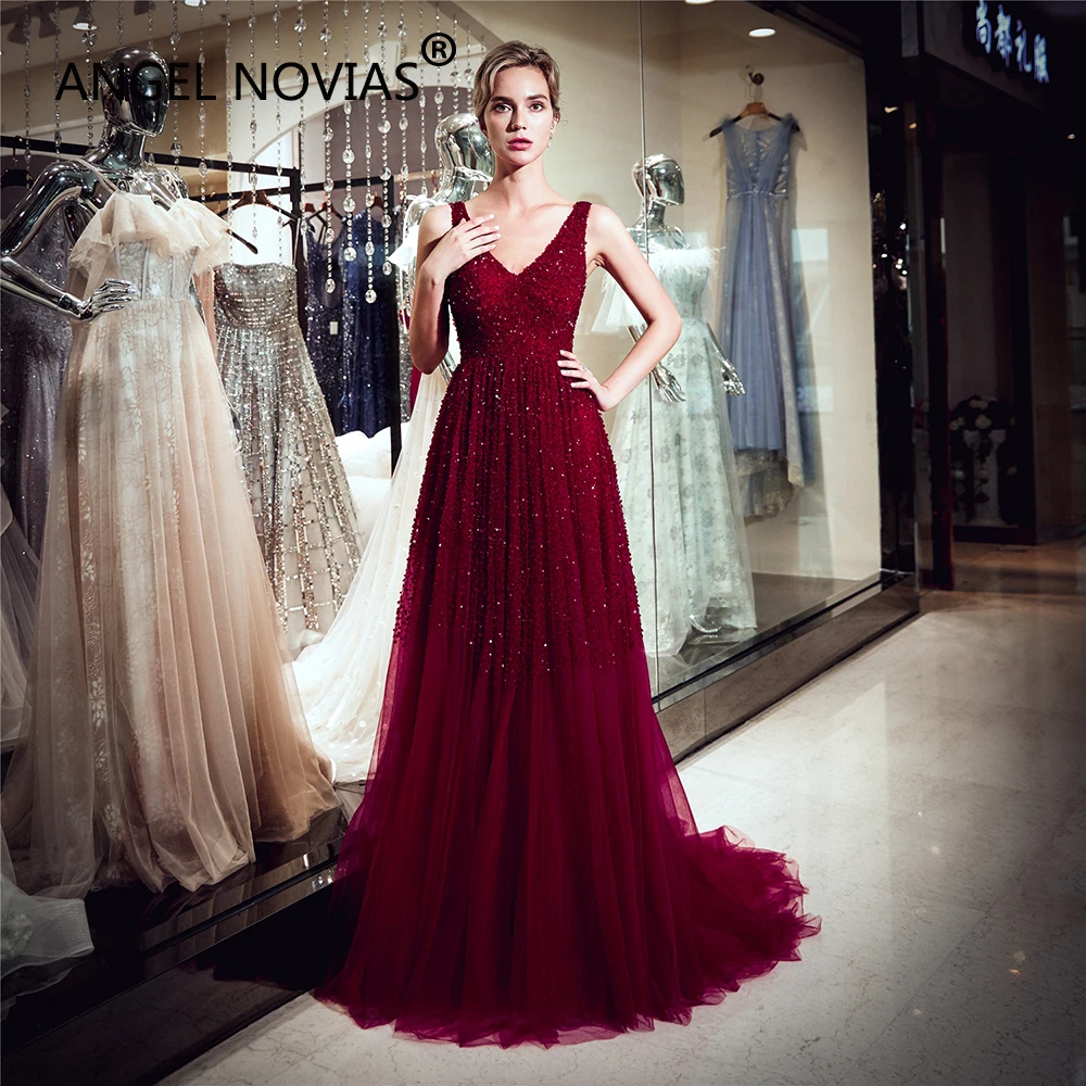 ANGEL NOVIAS Длинные Бордовые бусы с v образным вырезом Женские вечерние платья без