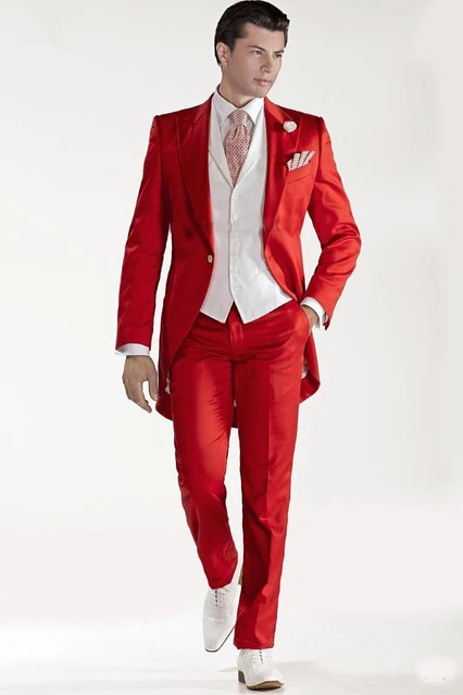 Custom shiny Red Men Tailcoat suit Groom Tuxedos Peaked Lapel Mens Wedding Dress Suits 2017 terno masculino (Jacket+pants+Vest) | Мужская
