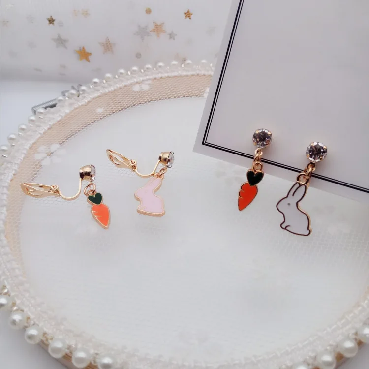 

Симпатичные не проколотые серьги-клипсы, серьги-клипсы в виде моркови и кролика, ювелирные изделия, аксессуары для украшений, аксессуары дл...