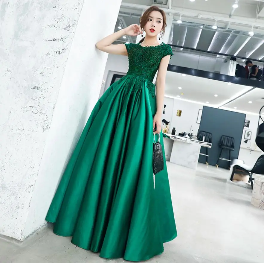 Зеленый Vestido madrinha2019 новое из кружева, с вырезом на шее атласный с коротким рукавом линия зеленый бордовый мусульманский Свадебный Гость длинное платье, Роба demoisell - Цвет: Зеленый