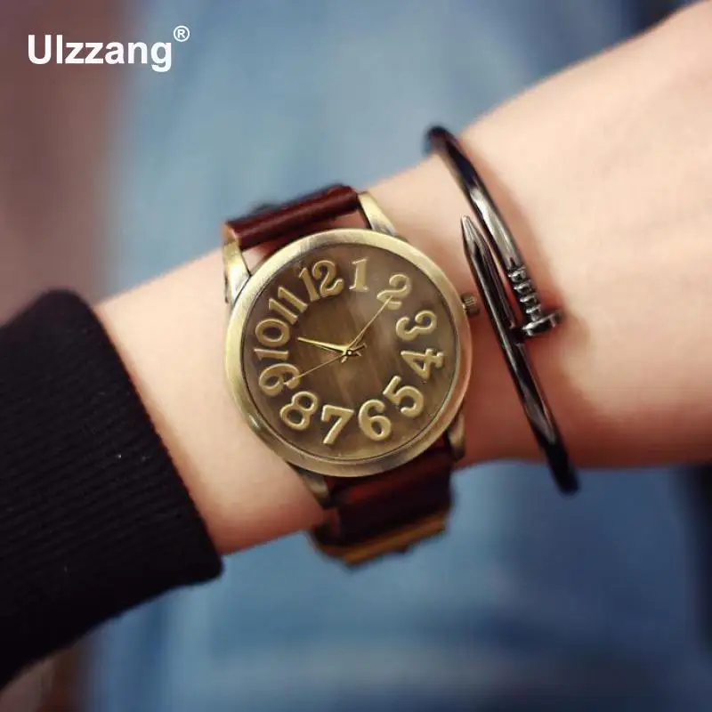 Модные Винтажные часы с большим номером и кожаным ремешком Кварцевые аналоговые