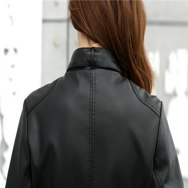 European Fashion Washing Leather Coat  Faux Leather Motorcycle Jacket Women's Leather Jacket
