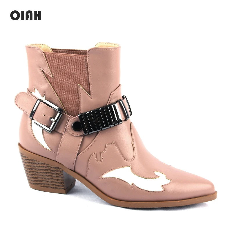 Женские ковбойские ботинки с острым носком розовые ботильоны из искусственной