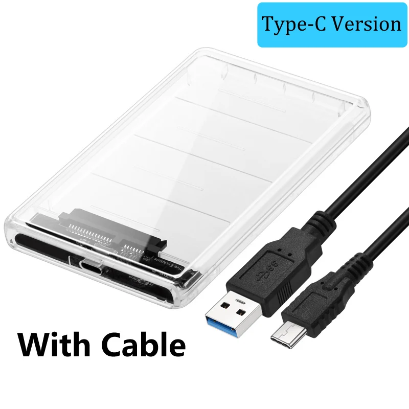 Прозрачный чехол для жесткого диска 2,5 дюйма USB3.1 на Sata type-c, без инструментов, 5 Гбит/с, поддержка 2 ТБ, протокол UASP, корпус для жесткого диска