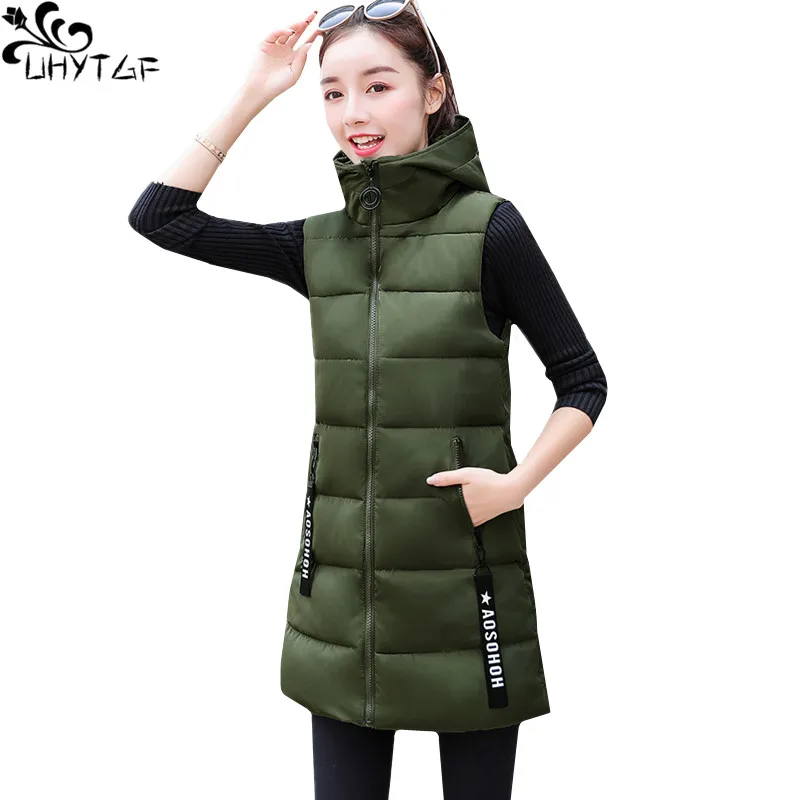 

UHYTGF Korean Women Winter Down Cotton Jackets 2022 Loose Size Long Sleeveless Warm Top Fashion Hooded Chic Girl Parker Vest 427