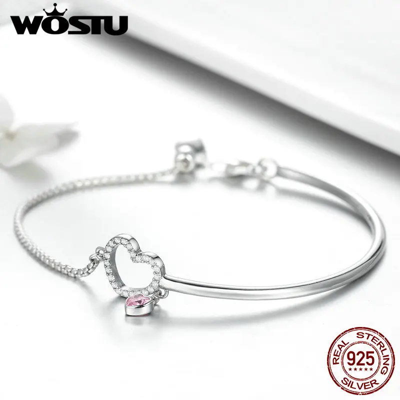 WOSTU, аутентичный серебряный браслет с подвеской в виде сердца, 925 пробы, розовый, для женщин, для юбилея, романтическое ювелирное изделие, подарок, FIB117