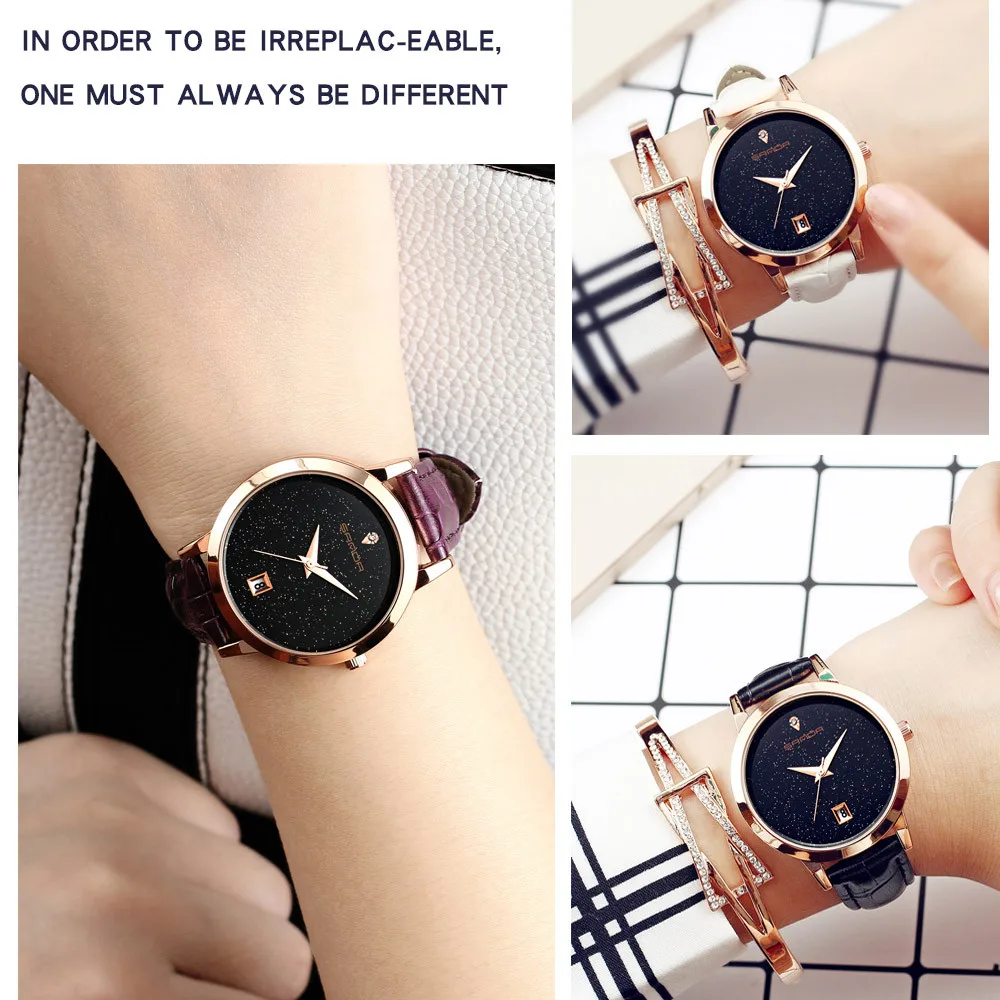 Женские кварцевые часы SANDA с кожаным ремешком и круглыми циферблатами|watch f|watch