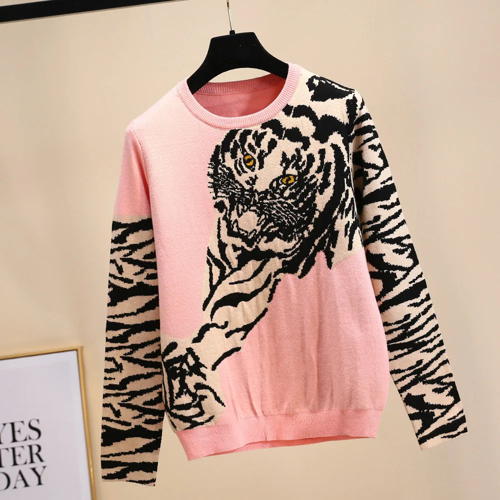 2019 Runway Winter Sweater Women Long Sleeve O-neck Leopard Tiger Head Pattern Vintage Knitted Jumper Casual sueter mujer | Женская