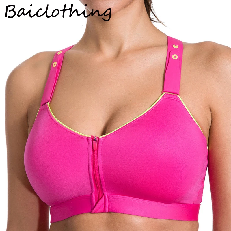 BAICLOTHING полный охват Женская активная передняя молния Высокая ударная Полная поддержка тренировки бюстгальтер 32 34 36 38 40 B C D DD сливовый красный