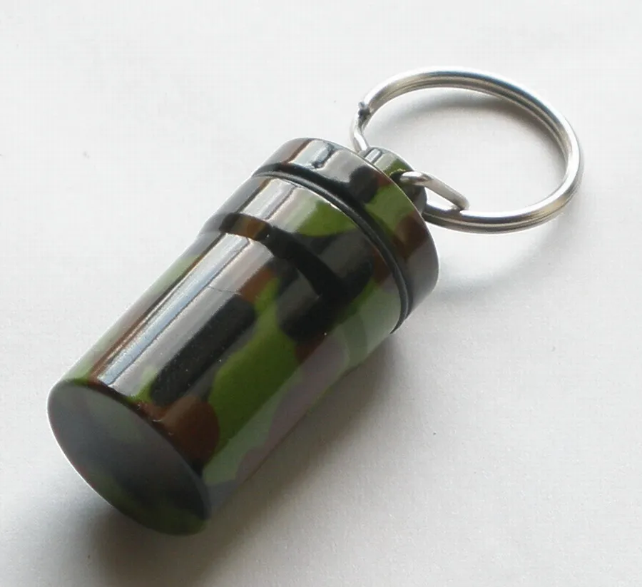 Free shipping 10pcs/lot camouflage Aluminium Pill box case Cache Container Geocache Geocaching Key rings keychain holder vial