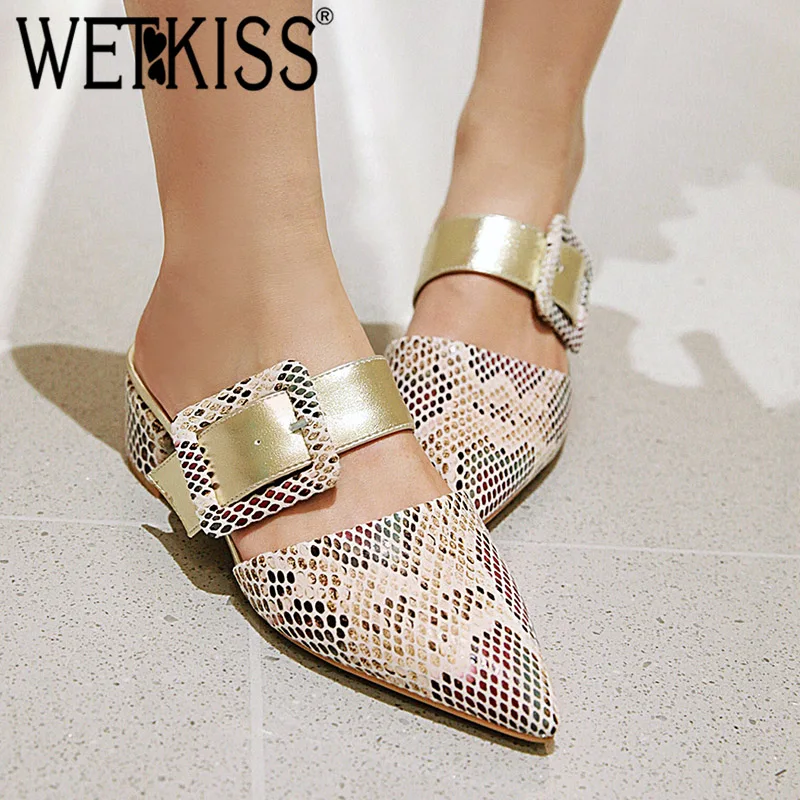 WETKISS/шлепанцы на толстом каблуке с острым носком Женские шлепанцы из змеиной кожи