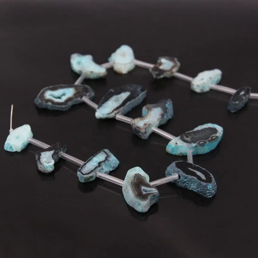 

15.5"Strand Natural Blue&Black Raw Agates Drusy Quartz Geode Top Drilled Slab Slice Nugget Beads DIY Pendants Jewelry Making