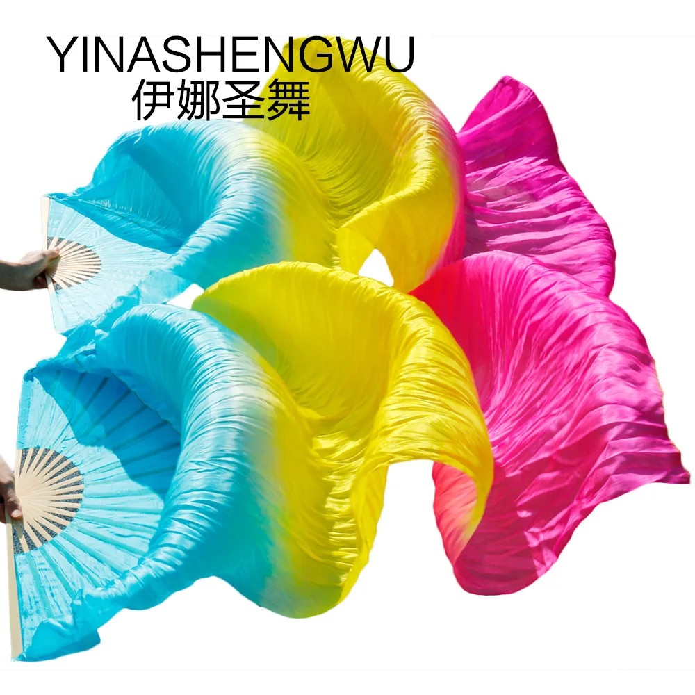 

New Arrivals Stage Performance Dance Fans 100% Silk Veils Colored Women Belly Dance Fan Veils (2pcs) turquoise+yellow+fuchsia