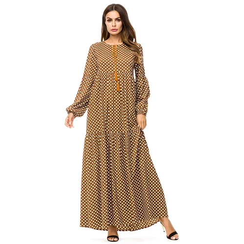 Коричневый MISSJOY abaya плюс размер 4XL мусульманские Дубай платья модные женские с длинным рукавом в горошек повседневные свободные вечерние длинные турецкие - Цвет: Коричневый