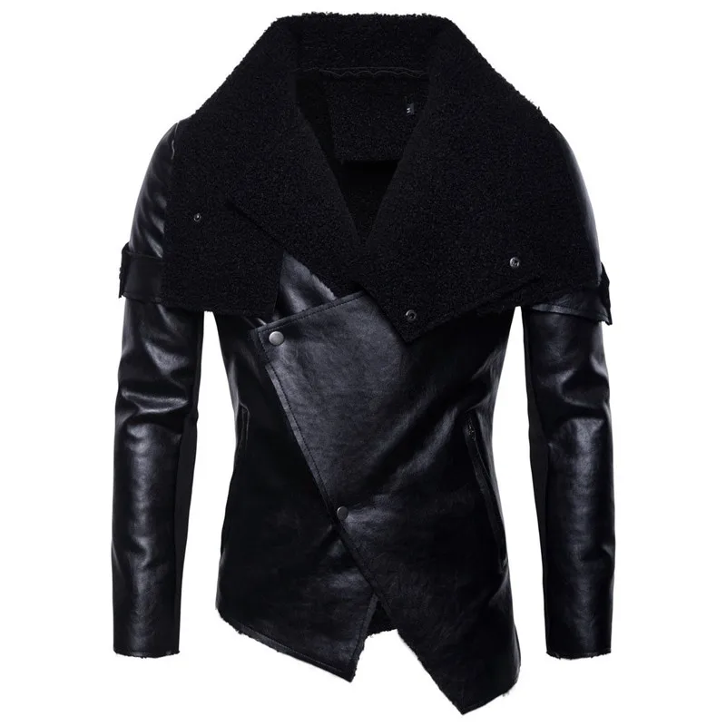 

2018 Autumn New Men's Motorcycle Leather Personality Irregular Leather jacket Men's Black Lapel PU jacket Size S M L XL XXL