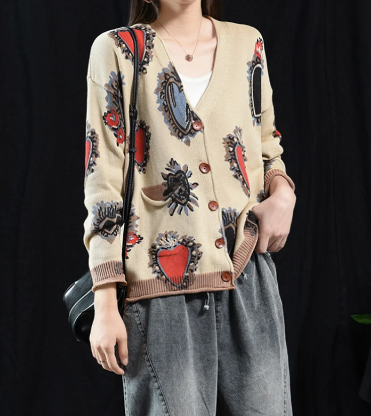 Autumn Winter Sweater Women Retro Loose Knitting jackets 2019 New Female Tops V-Neck Button Print Casual Coat |