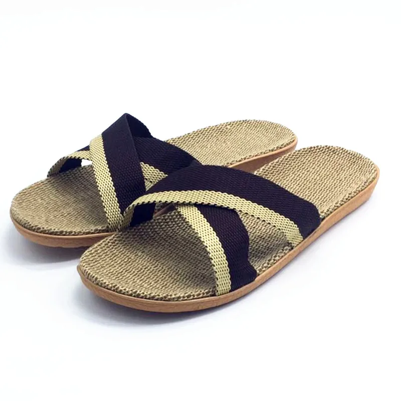Мужские летние полосатые льняные тапочки модные Нескользящие легкие домашние