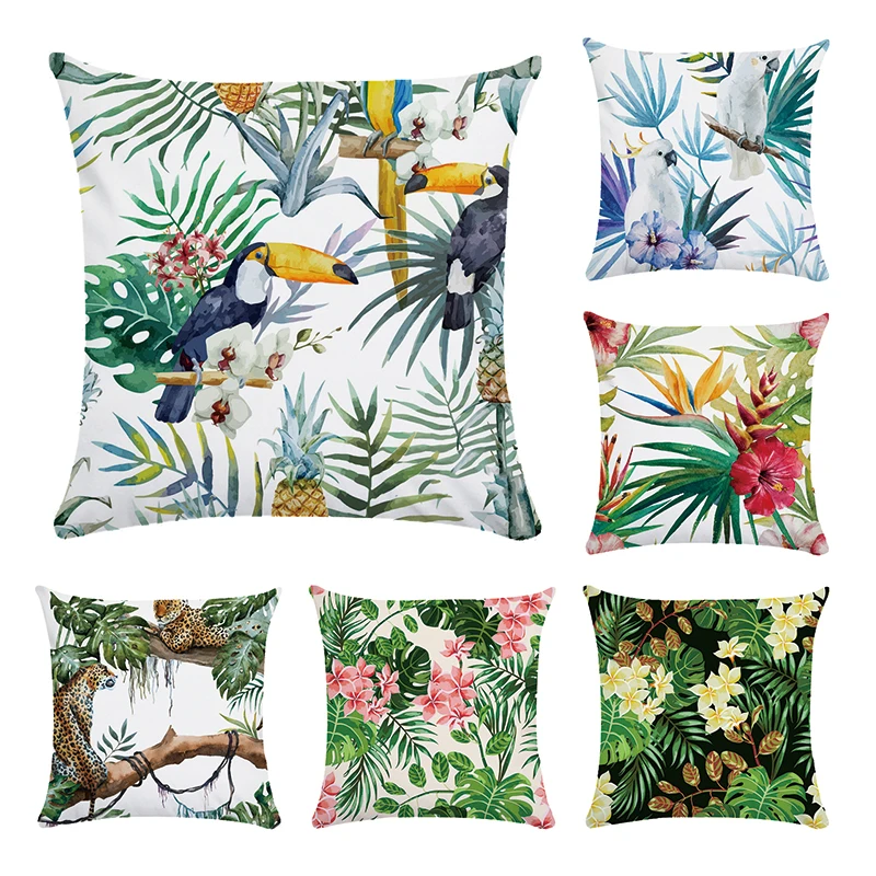

Tropical plants square shape pillow case cotton Polyester parrot cotton linen cushion cover for sofa home capa de almofada CR154