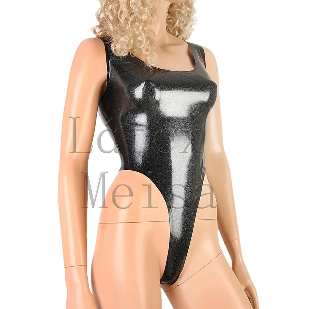 Женское классическое латексное боди с вырезом черный металлик 100% ручная работа -