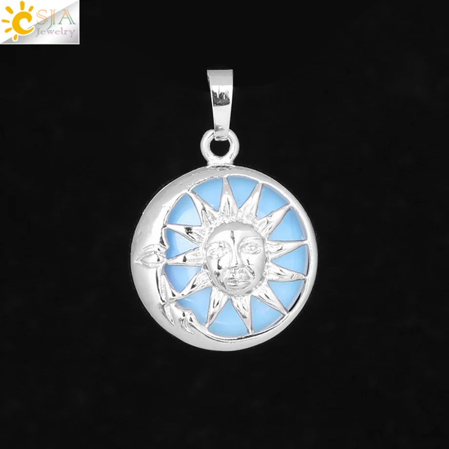 CSJA Moon Sun God Подвеска для ожерелья амулеты серебряный цвет коробка натуральный камень круглые бусины Кристалл кварц для женщин мужчин ювелирные изделия F371 - Окраска металла: Opal