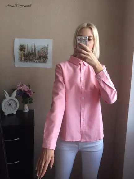 Новинка 2018 Женская хлопковая блузка с длинным рукавом рубашки однотонные