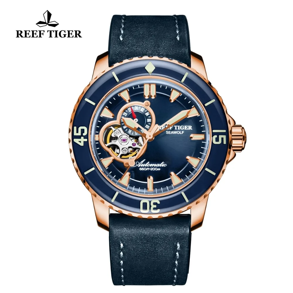 

Reef Tiger/RT Luxury Dive Watch Rose Gold Leather Strap Sport Watch with Date Super Luminous Skeleton Automatic Watches RGA3039