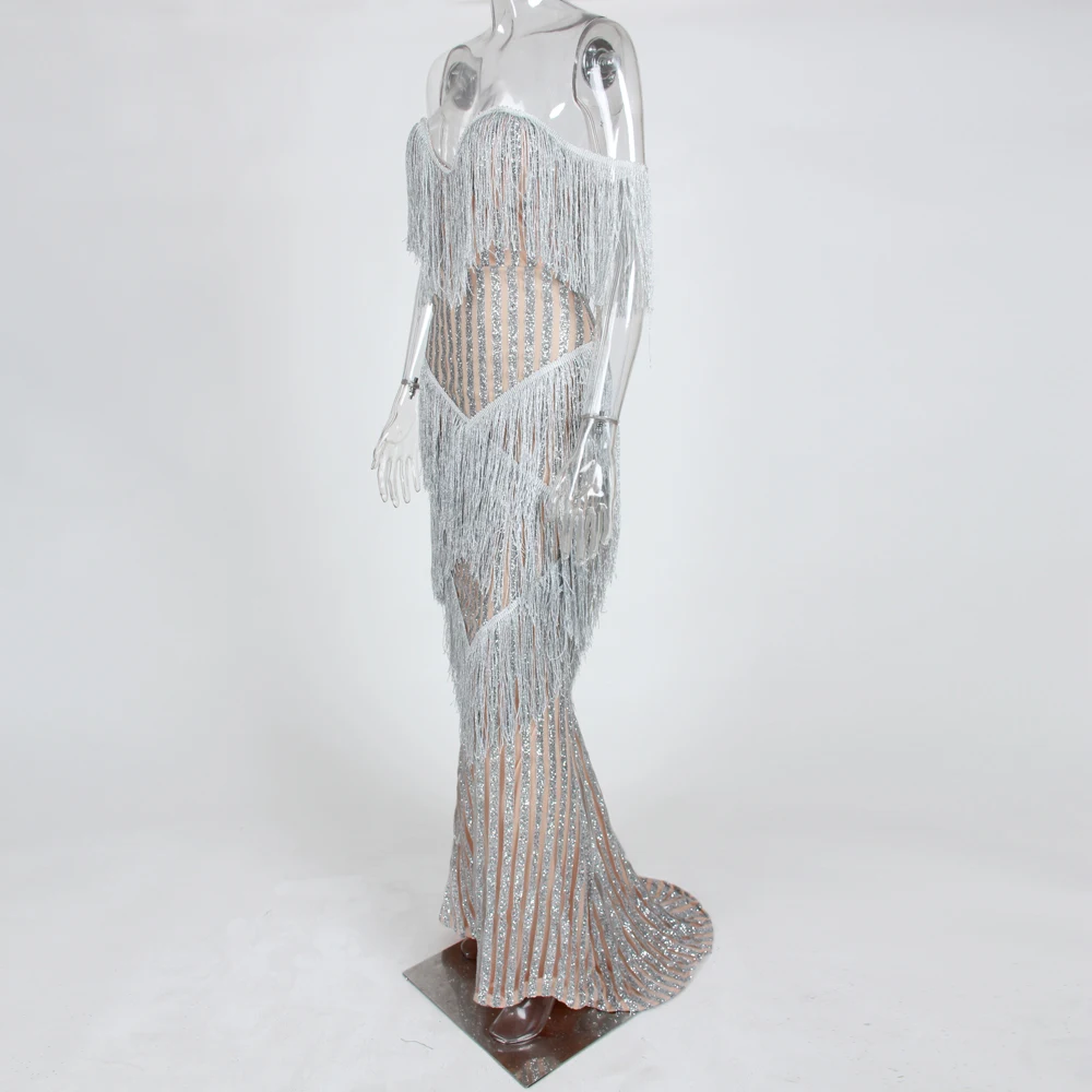 Off The Shoulder Tassels Glittered Maxi Dress Backless V Neck Prom Dress Spanish Style Silver Black Floor Length Dress