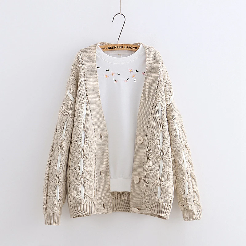YoYiKamomo Women Knitted V neck Cardigans Single Breasted Autumn Winter Mori Girl Twist Long-sleeved Knitwear Loose Sweaters |