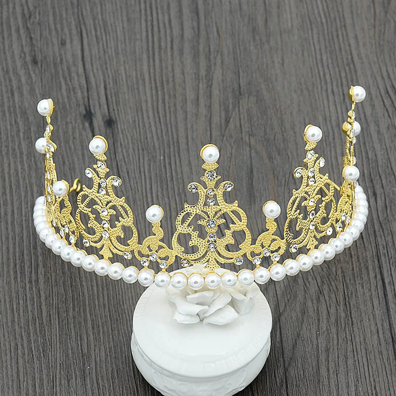 Gold Tiara Headbands Роскошная жемчужная Серебряная/Золотая свадебная тиара, корона для женщин/девушек, для дня рождения, торта, корона для невесты, украшение на голову, аксессуары - Окраска металла: Gold Tiara Headbands
