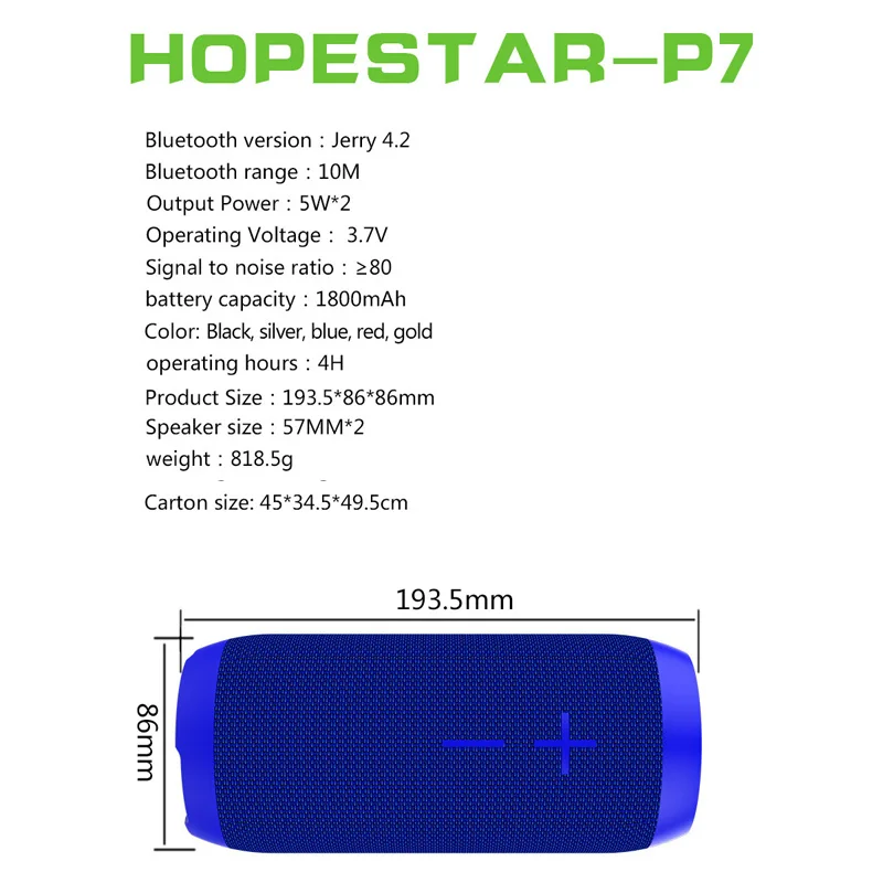 HOPESTAR P7 EStgoSZ Bluetooth Speaker Wireless WaterProof IPX6 Column Box Bass Mini Subwoofer Portable With TF Card USB FM Mic |