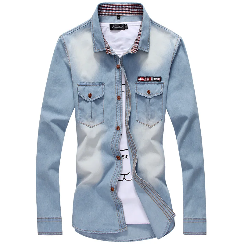 Мужские синие джинсовые рубашки Camisa Jeans мужские ковбойские облегающие 5XL Gomlek