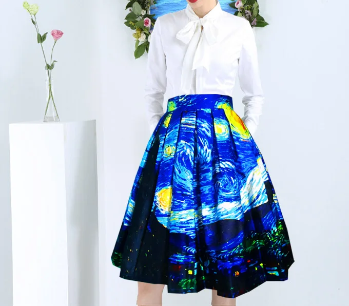 Весенне летняя атласная плиссированная юбка с принтом Ван Гога звезд неба и