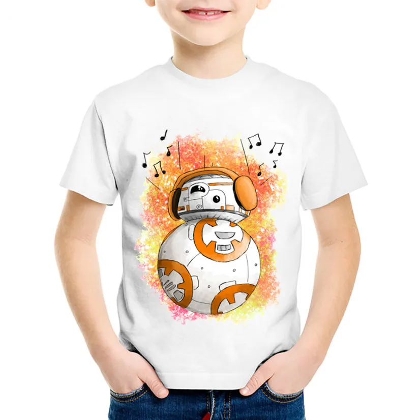 Модные детские Забавные футболки с принтом «BB-8 на ходу», детские летние футболки «Звездные войны», повседневные топы для мальчиков и девочек, одежда для малышей, HKP5163