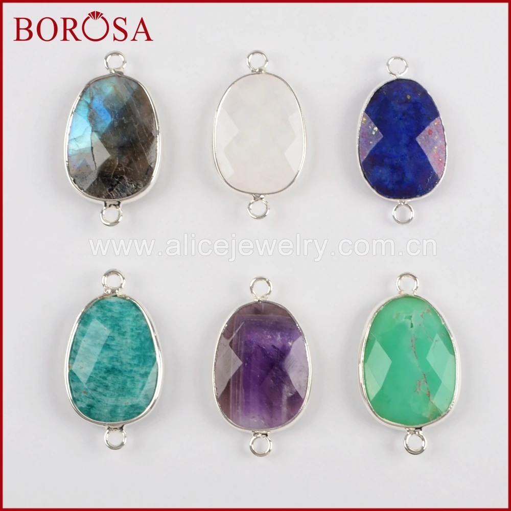 

BOROSA Teardrop White Crystal Amethysts Silver Plated Connectors Copper Natural Faceted Stones Connector for Jewellery S1559