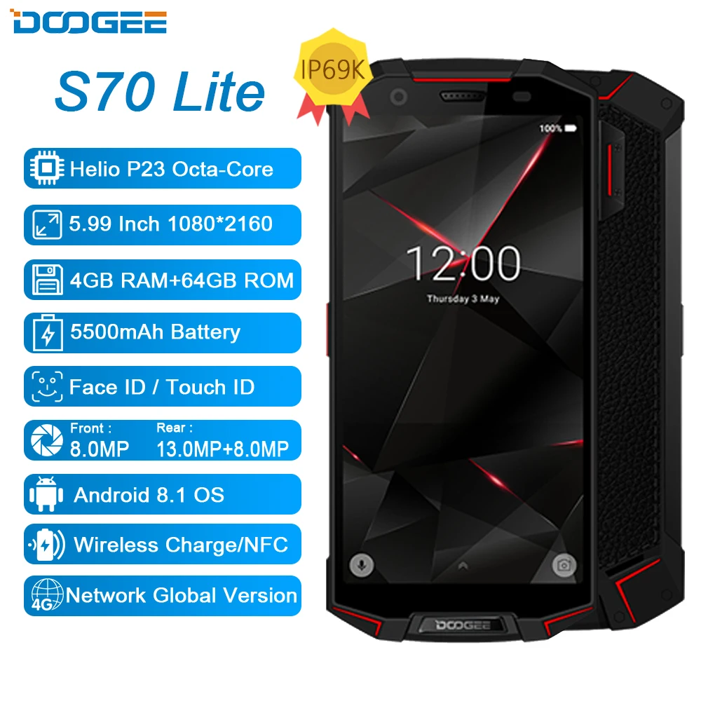 DOOGEE S70 Lite IP68/IP69K водонепроницаемый Helio P23 Octa Core 4 Гб 64 LTE Беспроводная зарядка NFC 5500