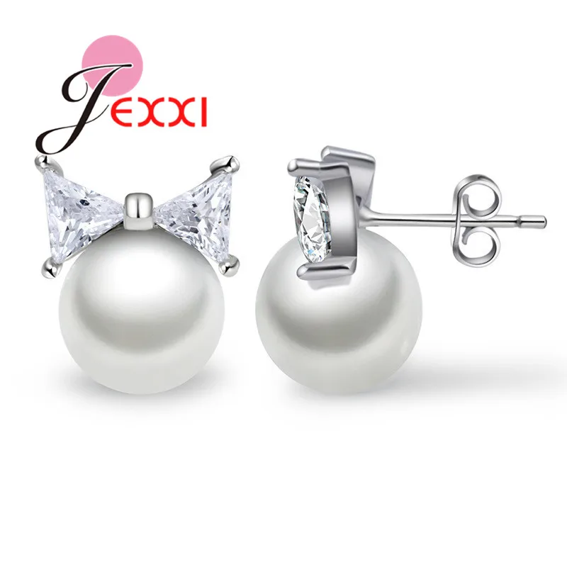 

1pair Fashion Earrinigs 925 Sterling Silver Jewelry Exquisite Temperament CZ Crystal Bowknot Pearl Stud Earrings