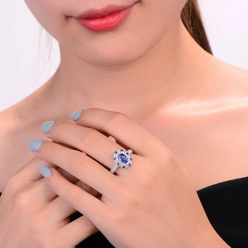 CaiMao 1.57ct кольцо из натурального сапфира с бриллиантами Halo 18kt Белое золото обручальные свадебные украшения
