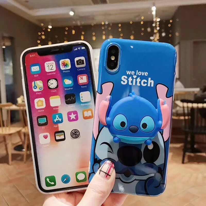 3D мультфильм маленький Стич волосы мяч шнур силиконовый чехол для iPhone 7 8 X XR XS 11 Pro MAX 6S plus для samsung S10 S9 S8